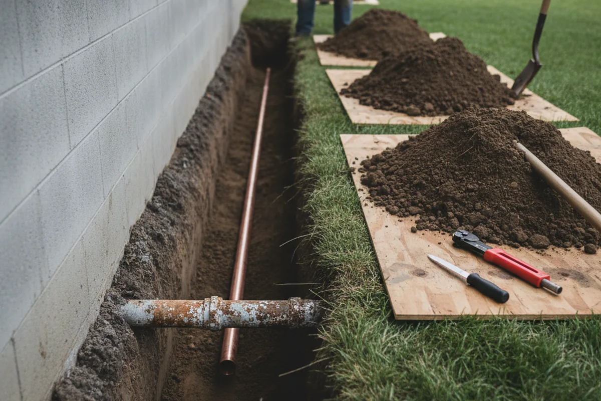 Excavated water line trench during Sewer Line Repair in Opa Locka